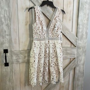 Aqua white crochet lace empire dress